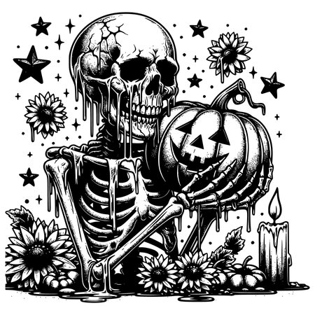 Halloween illustration with skull, pumpkins and flowers. Vector illustration.のイラスト素材