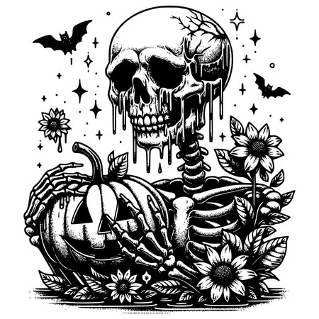 Skull and pumpkin with flowers and bats. Vector illustration for Halloween.のイラスト素材