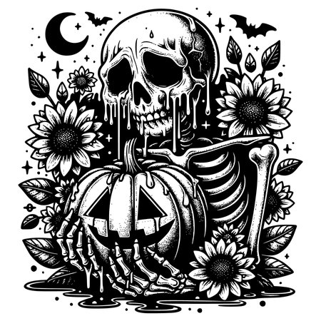 Skull, crossbones, pumpkins, sunflowers, leaves, moon and stars. Black and white vector illustrationのイラスト素材