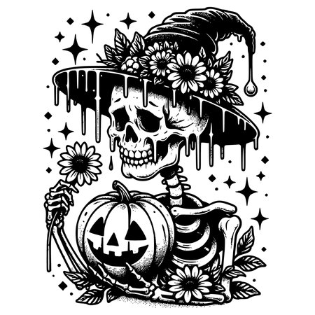 Skull with hat of witch, pumpkin and flowers. Vector illustrationのイラスト素材