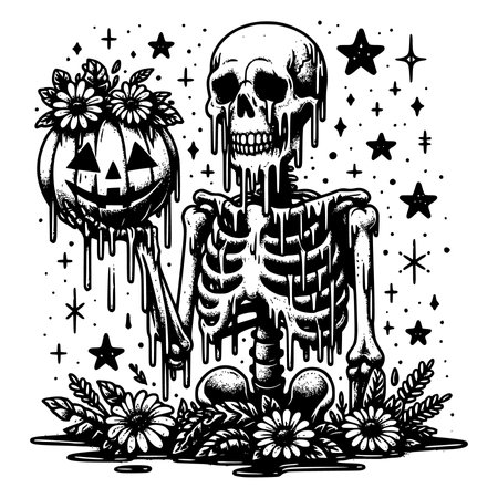 Halloween vector illustration with skull, bones, flowers and pumpkinsのイラスト素材
