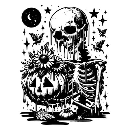 Halloween vector illustration with pumpkin, skull, moon and stars.のイラスト素材