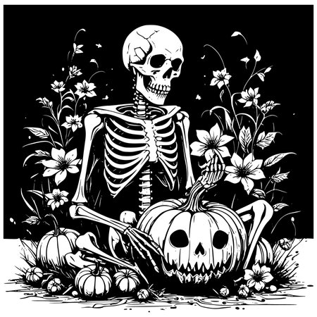 Skull with pumpkins and flowers, vector illustration in black and whiteのイラスト素材