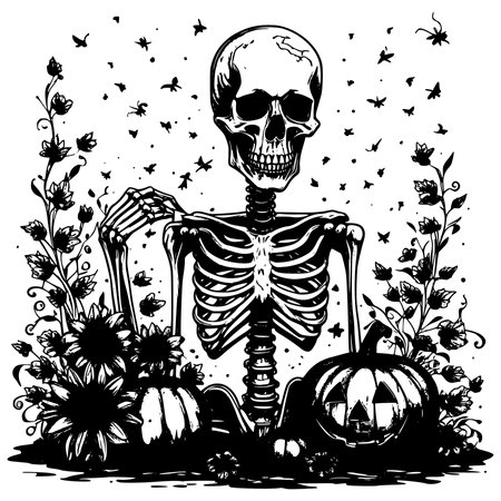 Halloween skeleton with pumpkin and flowers. Vector illustration in black and white.のイラスト素材