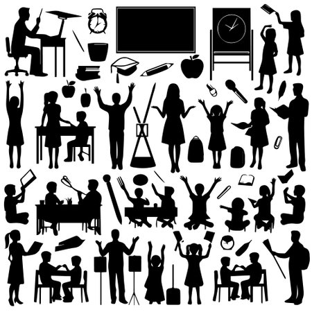 School and education black silhouettes set on white background. Vector illustration.のイラスト素材