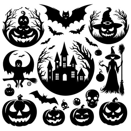 Halloween silhouettes set. Vector illustration isolated on white background.のイラスト素材