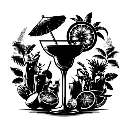 Cocktail set. Vector illustration. Black and white image.のイラスト素材