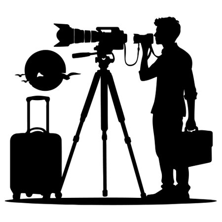 Silhouette of a photographer with a camera and a suitcase on a white backgroundのイラスト素材