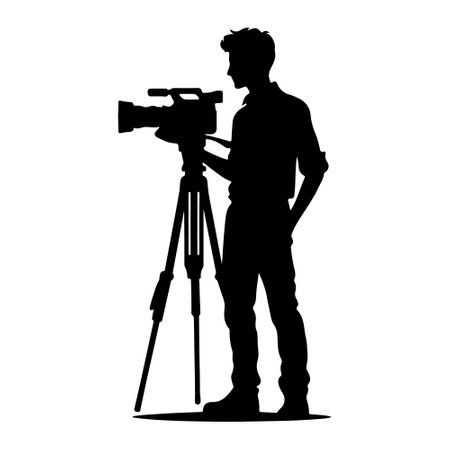 Silhouette of a videographer with a camera on a white background