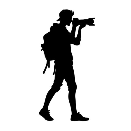 Vector silhouette of a photographer with a camera on a white background.のイラスト素材