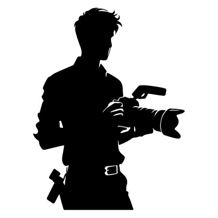 Vector silhouette of a photographer with a camera on a white background.のイラスト素材