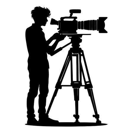 Silhouette of a cameraman with a camera on a white backgroundのイラスト素材