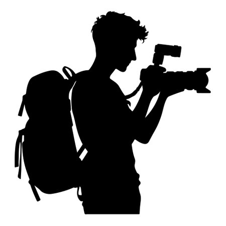 Photographer with camera and backpack vector silhouette illustration isolated on white background.のイラスト素材