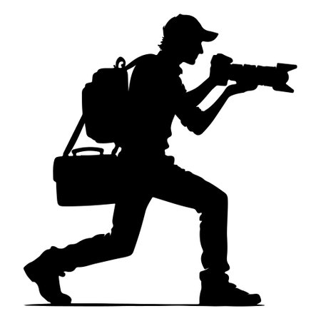 Photographer with camera and bag on white background, vector illustration.のイラスト素材