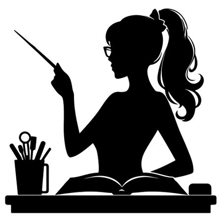 silhouette of a girl with a book and a pointer on a white backgroundのイラスト素材