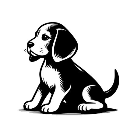 Black and white vector illustration of a beagle dog sitting on white backgroundのイラスト素材