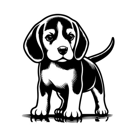 Beagle dog black and white vector illustration isolated on white background.のイラスト素材