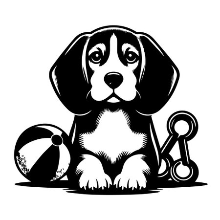 Beagle dog with toys. Vector illustration isolated on white background.のイラスト素材