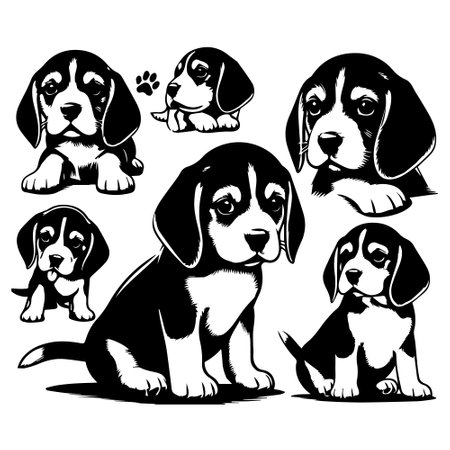 set of six black and white silhouettes of cute beagle dogsのイラスト素材
