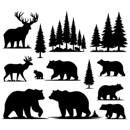 Silhouette of wild animals and forest isolated on white background. Vector illustration.のイラスト素材