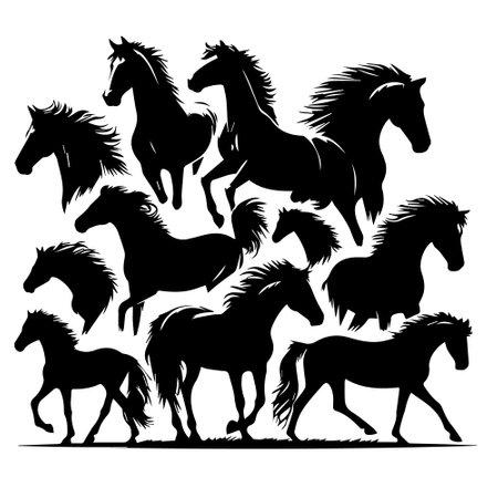 Horses silhouettes on white background, vector illustration. Wild animals.のイラスト素材