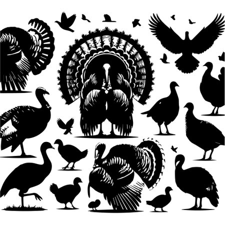 vector turkey and birds silhouettes set, illustration in black and whiteのイラスト素材