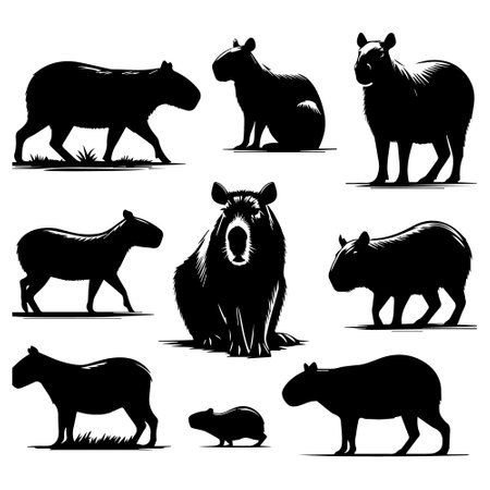 Set of black silhouettes of wild animals on white background. Vector illustrationのイラスト素材
