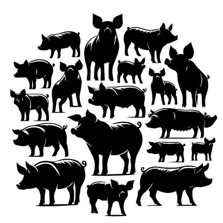 Set of silhouettes of wild pigs. Vector illustration isolated on white background.のイラスト素材