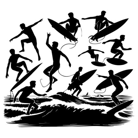Surfers on the beach. Black and white vector illustration.のイラスト素材