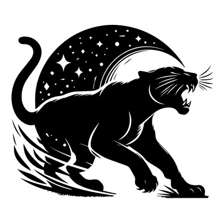 Tiger with moon and stars. Black and white vector illustration.のイラスト素材