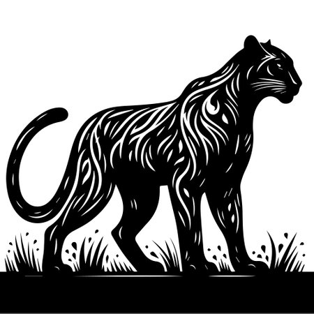 Black and White Silhouette of a Tiger. Vector Illustrationのイラスト素材