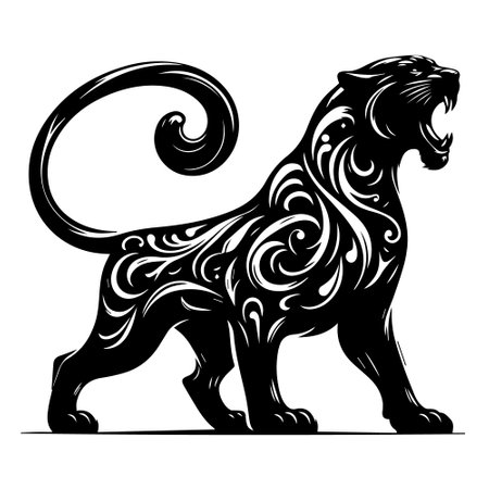 Tribal lion. Black silhouette on white background. Vector illustration.のイラスト素材