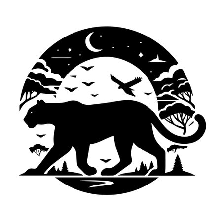 Silhouette of a lioness on the background of the moon and the forest. Vector illustrationのイラスト素材