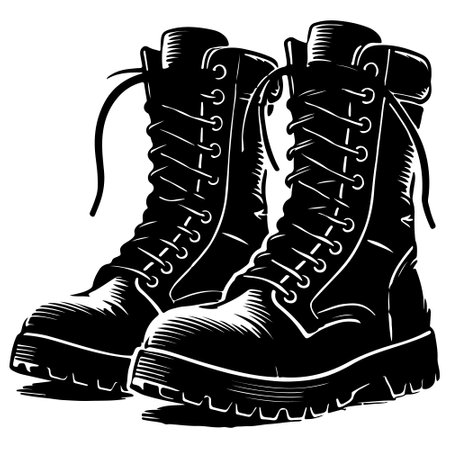 Black and white illustration of a pair of hiking boots with lacesのイラスト素材