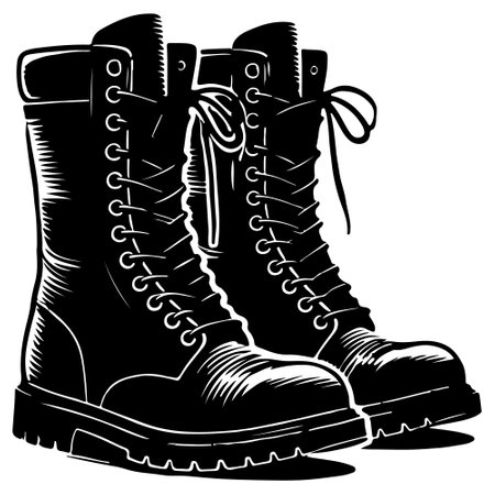 Black and white vector illustration of a pair of trekking boots.のイラスト素材