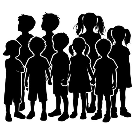 Vector silhouette of a group of children on a white background. Symbol of childhood.のイラスト素材