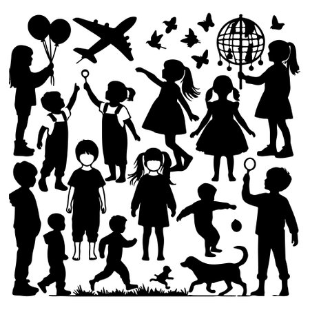 Black silhouettes of children with different objects on a white background.のイラスト素材