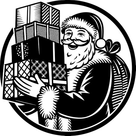 Santa Claus with gift boxes.Vector illustration ready for vinyl cutting.のイラスト素材