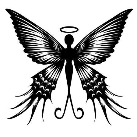 Black and white illustration of an angel with wings and halo.のイラスト素材