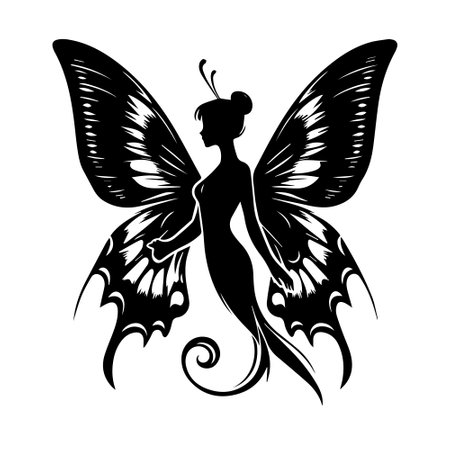 Beautiful girl with butterfly wings. Black and white vector illustration.のイラスト素材