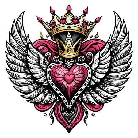 Heart with wings and crown. Tattoo design element. Vector illustration.のイラスト素材