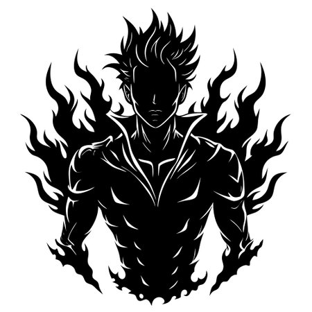 Futuristic strong man with fire flames. Black and white vector illustration.のイラスト素材