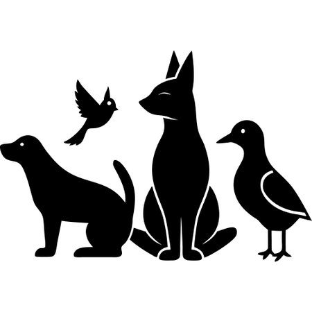 set of black silhouettes of dogs and birds on a white backgroundのイラスト素材