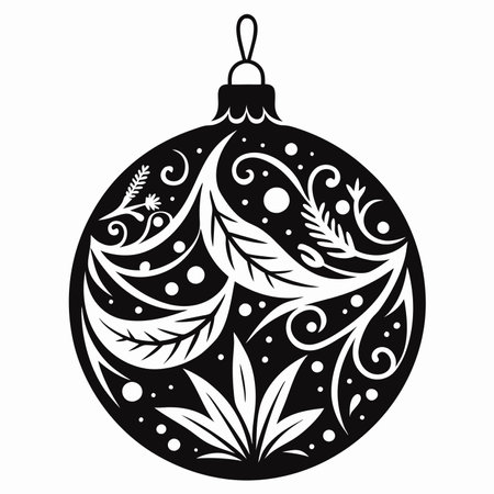 Black and white christmas ball with floral ornament. Vector illustration.のイラスト素材