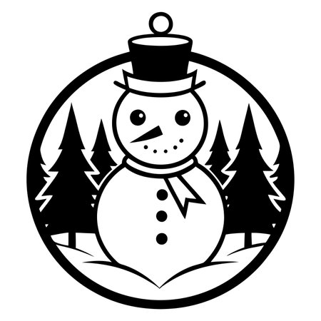Snowman and pine trees in black and white. Vector illustration.のイラスト素材