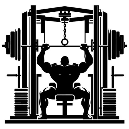 Vector illustration of a strong man lifting a barbell in the gymのイラスト素材