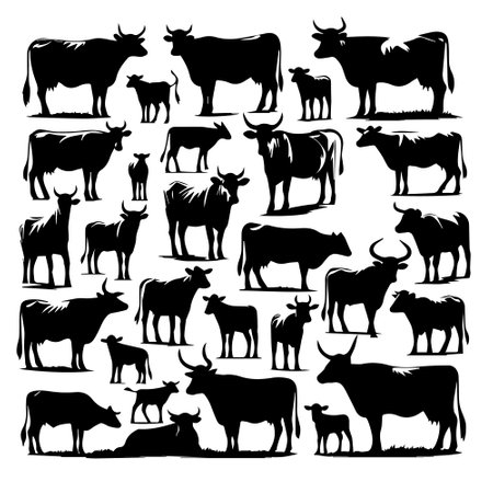 cow silhouettes isolated on white background. black and white vector illustrationのイラスト素材