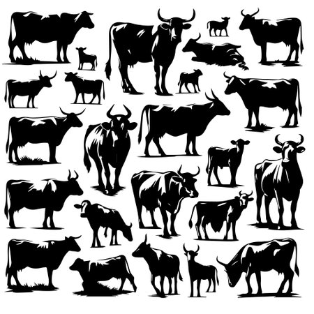 Cows silhouettes set. Vector illustration isolated on white background.のイラスト素材