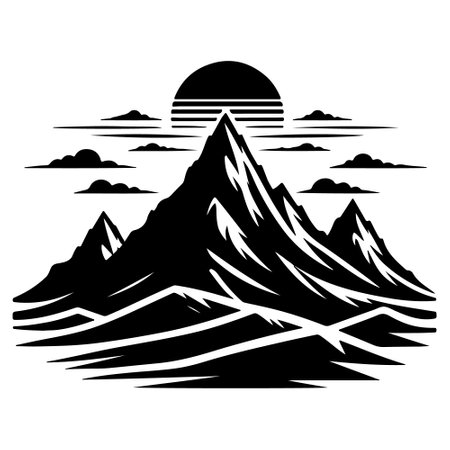 Mountains and sun. Vector illustration in black and white colors.のイラスト素材