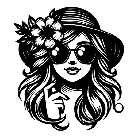 Beautiful woman in hat and sunglasses with flower in hair. Vector illustration.のイラスト素材